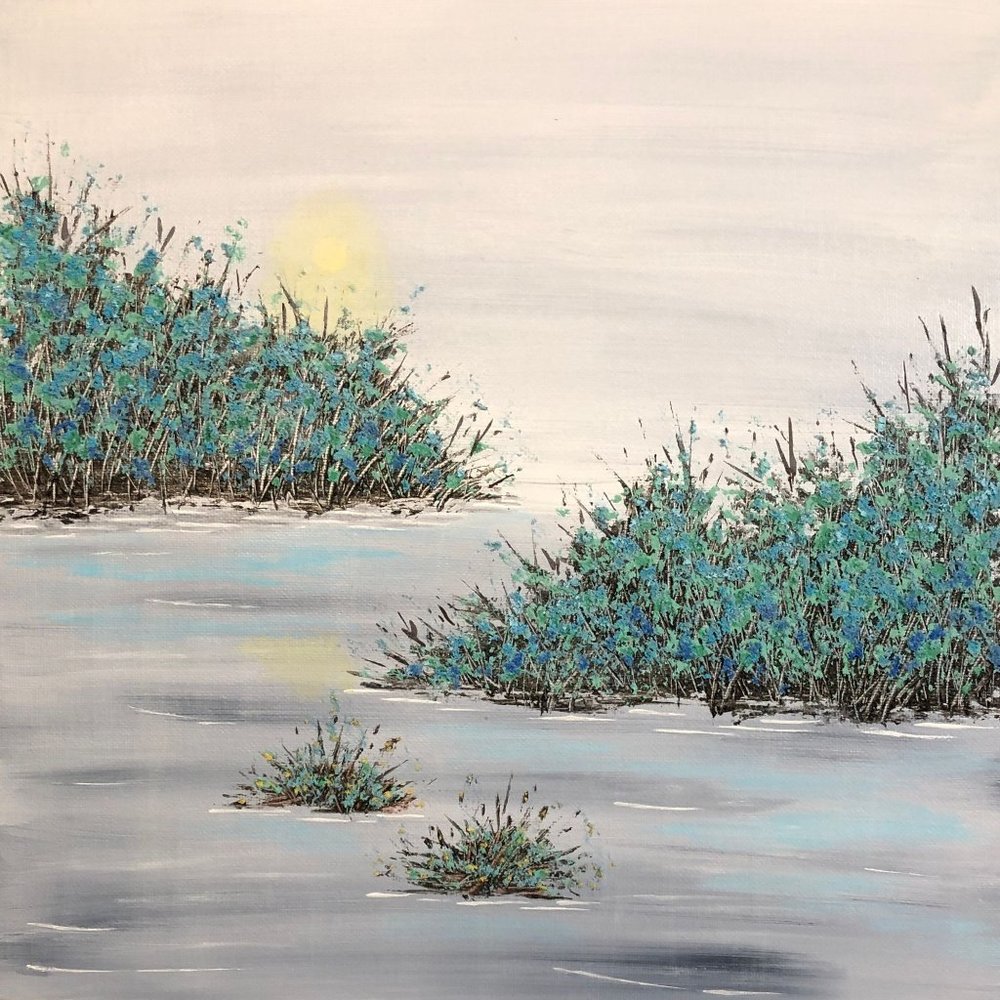 Lazy Days At The Lake Contemporary Landscape Acrylic Painting, 12 x 12, Lake Vie